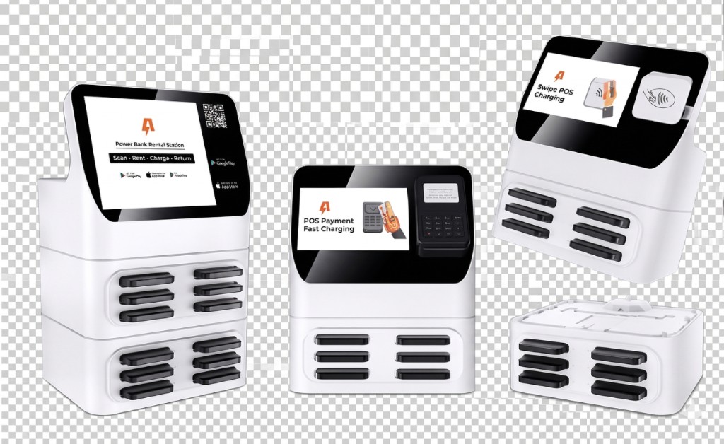 Estações de aluguel de power bank: modelos empilháveis com tela, pagamento e slots para baterias portáteis.